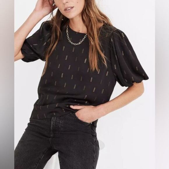 Madewell Metallic Jacquard Puff-Sleeve Top Black with Gold Button Neck Size XXS - Picture 1 of 4